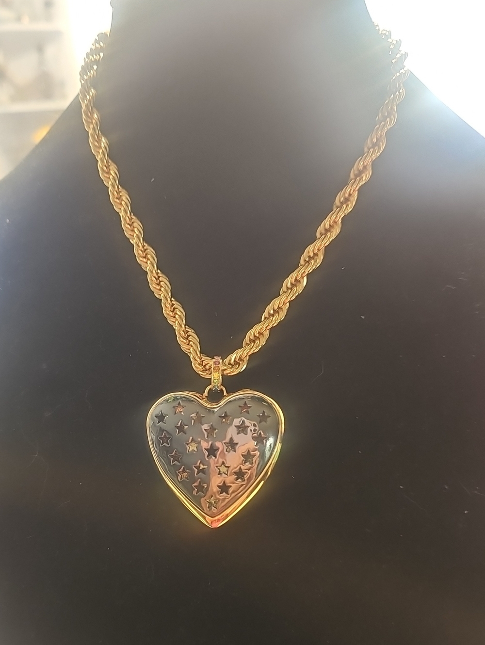 Rare Kurt Geiger Gold-Tone Heart Pendant Necklace with Star Cutouts - Heavy!